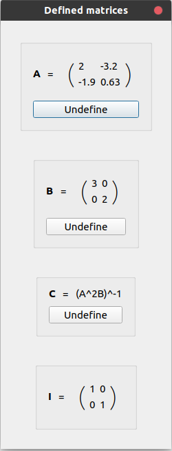 The defined matrices info dialog